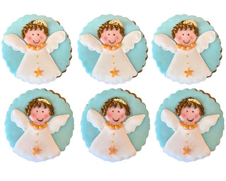 Biscotti decorati a tema angioletto in pasta di zucchero, ideali per comunioni, battesimi e feste religiose, realizzati artigianalmente da Berry Cakes Siracusa.